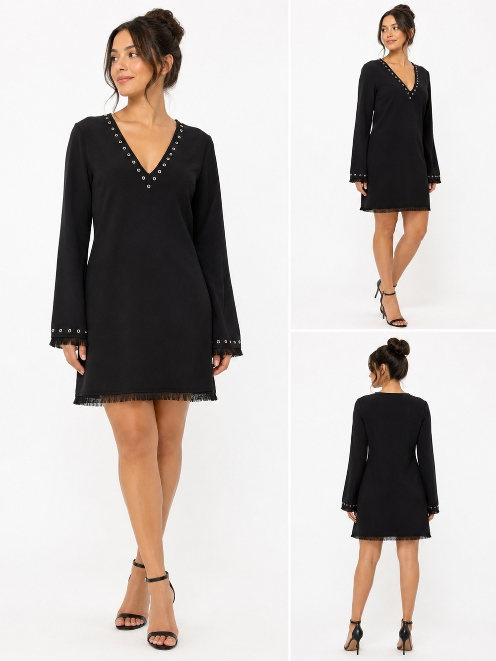 Elizabeth and James Black Eyelet Fringe Trim‎ Shift Dress Long Sleeve NWT L